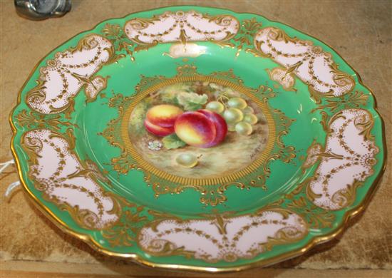 Royal Worcester dessert plate, the green, pink and gilt border with fruit-painted centre by Harry Ayrton